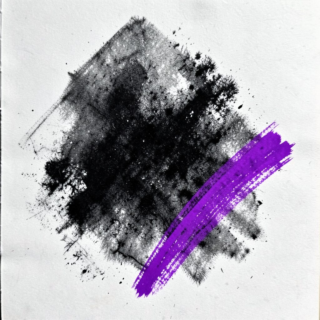 Minimal charcoal sketch of a director's chair and script pages in deep plum tones, atmospheric
