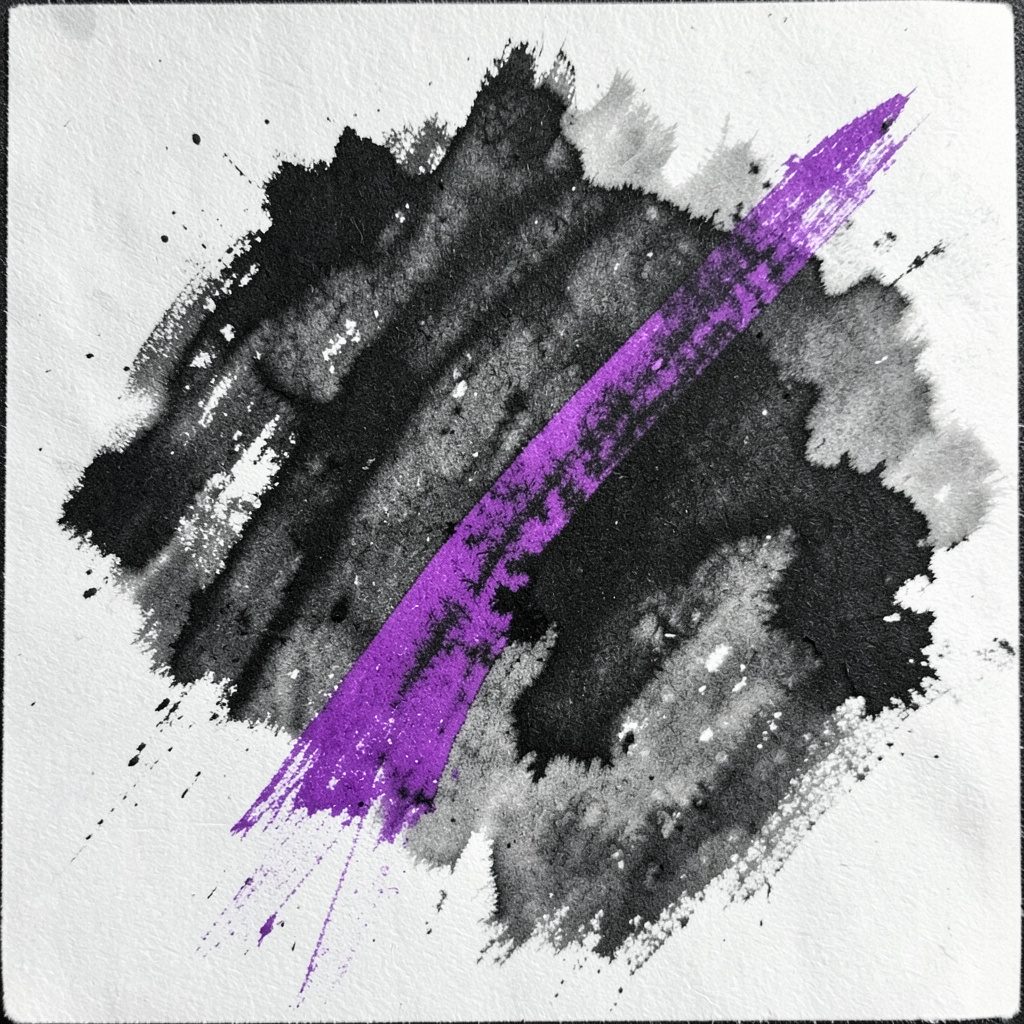 Bold charcoal drawing of camera and stage lights in dark plum and magenta tones, expressive and graphic